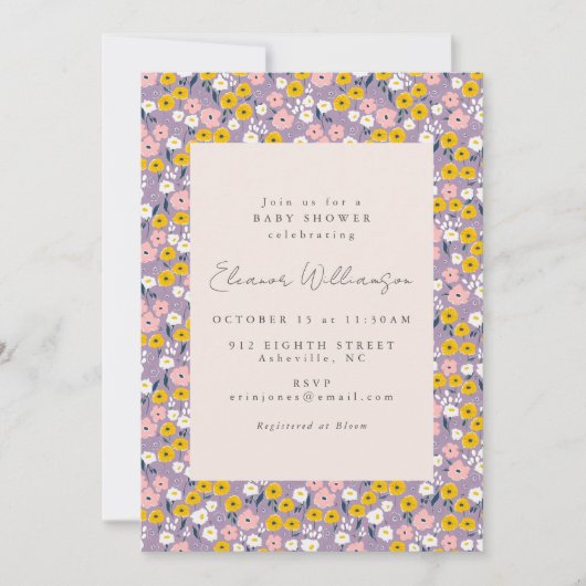 かわいい紫色の黄色のピンクのフローラ赤ちゃんシャワー 招待状 (正面)