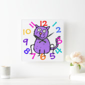 かわいい紫色猫のデザインの時計の子供へ部屋 スクエア壁時計 (ホーム)