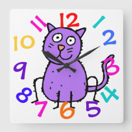 かわいい紫色猫のデザインの時計の子供へ部屋 スクエア壁時計