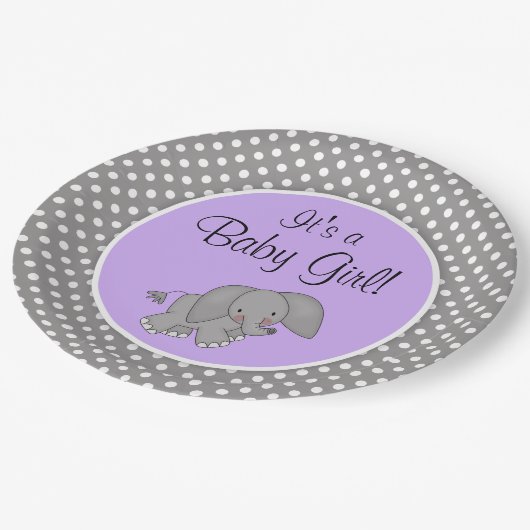 かわいい紫色象の女の子のベビーシャワー ペーパープレート (アングル)