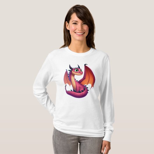 かわいい紫/赤の漫画ドラゴン Tシャツ (正面フル)