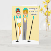 かわいい結婚おめでとう雪スキー夫婦 カード (黄色い花)