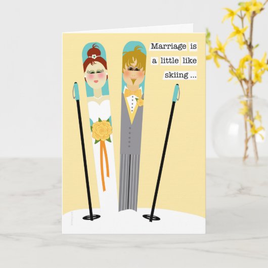 かわいい結婚おめでとう雪スキー夫婦 カード (黄色い花)
