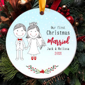 かわいい結婚した初めてのクリスマスの新郎新婦 セラミックオーナメント