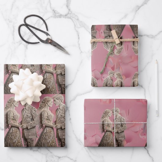 かわいい結婚カップルが手を握り ラッピングペーパーシート (正面)