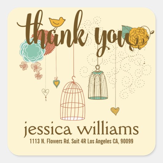 かわいい結婚デザインの鳥と花 スクエアシール (正面)