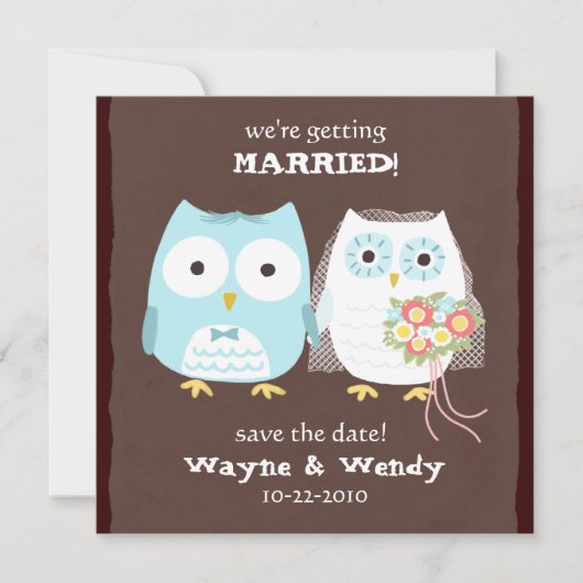 かわいい結婚フクロウの新郎新婦がデートを守る セーブザデート (正面)