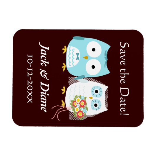 かわいい結婚フクロウの新郎新婦がデートを守る マグネット (横)