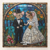 かわいい結婚マウスのカップルのコースター ガラスコースター (正面)