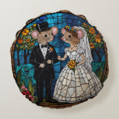 かわいい結婚マウスのカップルのモザイクのステンドグラス ラウンドクッション (裏面)