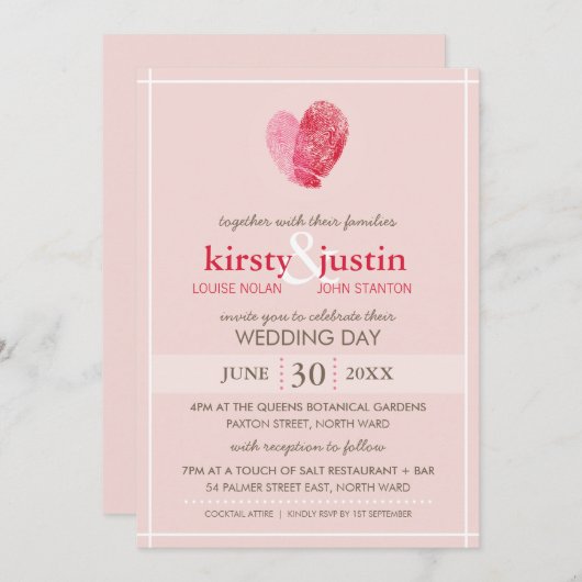 かわいい結婚式を招待モダン指紋ハートピンク 招待状 (正面/裏面)