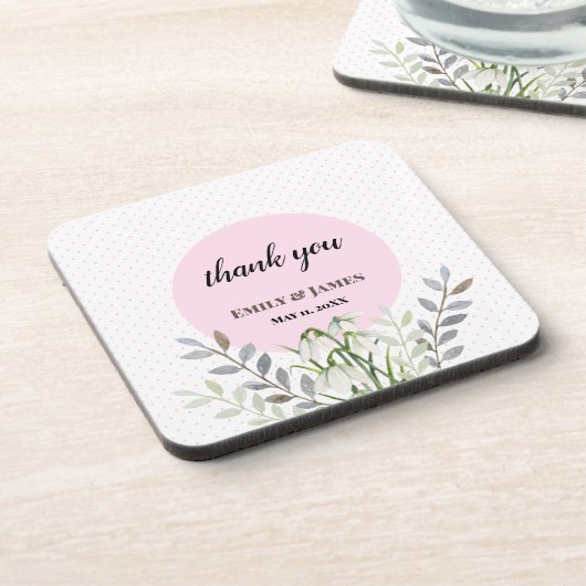 かわいい結婚白い雪だるまピンクの水玉模様 コースター (左側)