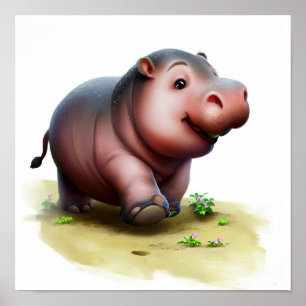 かわいい絵を描カバの3D水彩画 ポスター