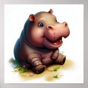かわいい絵を描カバの3D水彩画 ポスター