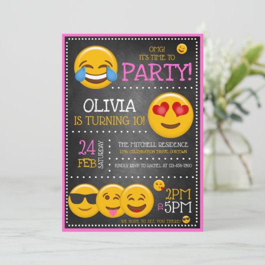 かわいい絵文字ガールのバースデーパーティ招待状 招待状 (スタンド正面)