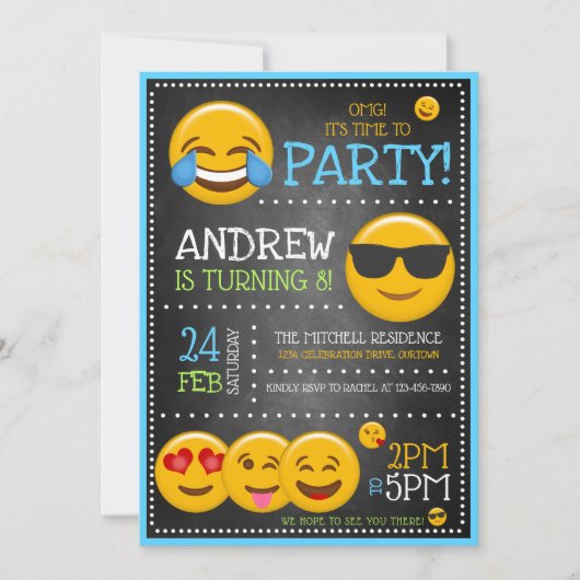 かわいい絵文字ボーイバースデーパーティ招待状 招待状 (正面)