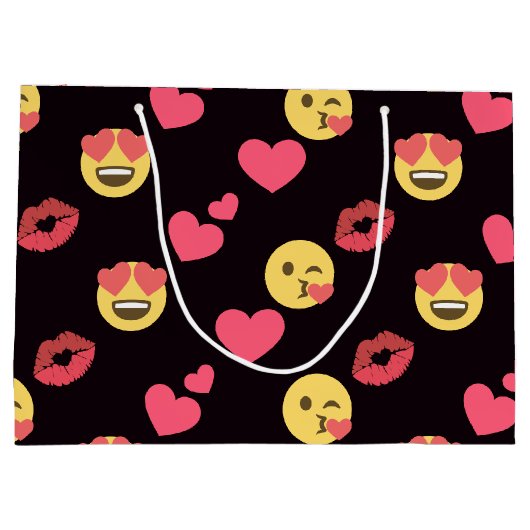 かわいい絵文字ラブハートキス唇パターン ラージペーパーバッグ (裏面)
