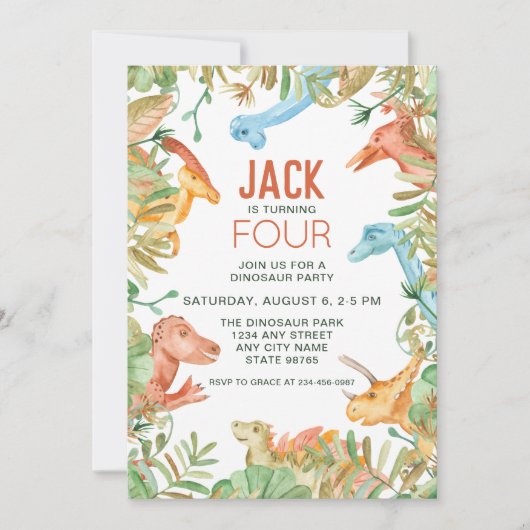かわいい絵本の恐竜の誕生日パーティー 招待状 (正面)