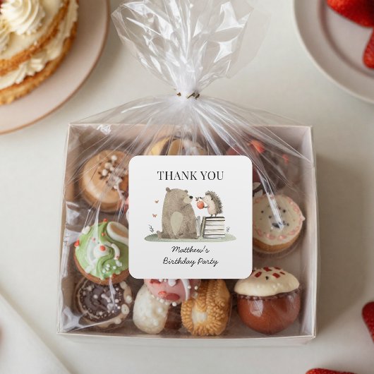 かわいい絵本の森の動物の誕生日お礼メッセージ スクエアシール