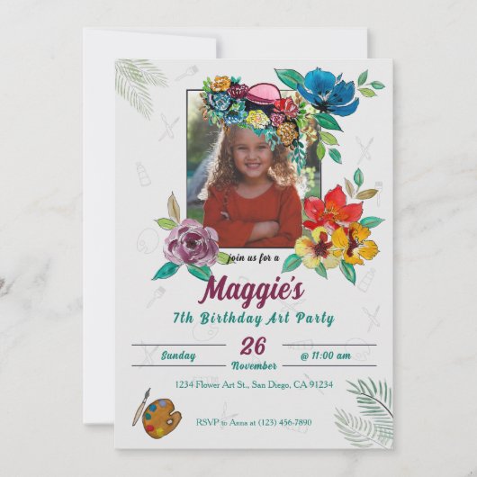 かわいい絵画アートの子どもの誕生日パーティーへの招待 招待状 (正面)