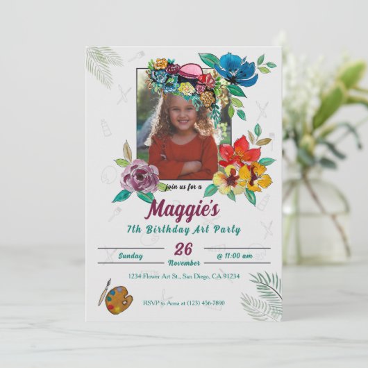 かわいい絵画アートの子どもの誕生日パーティーへの招待 招待状 (スタンド正面)