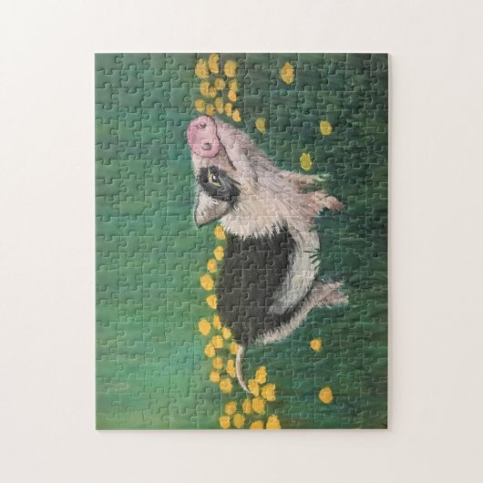 かわいい絵画グレーの黒と白の子豚の ジグソーパズル (縦)