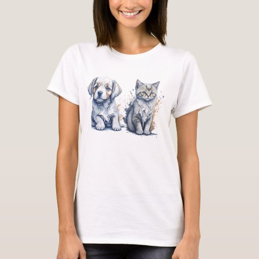 かわいい絵画子犬と子猫の水彩画 Tシャツ (正面)