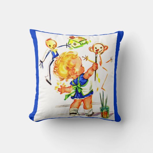 かわいい絵画小さな女の子の壁プリント クッション (正面)