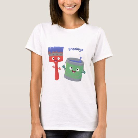 かわいい絵筆と絵の具の漫画キャラクター Tシャツ (正面)