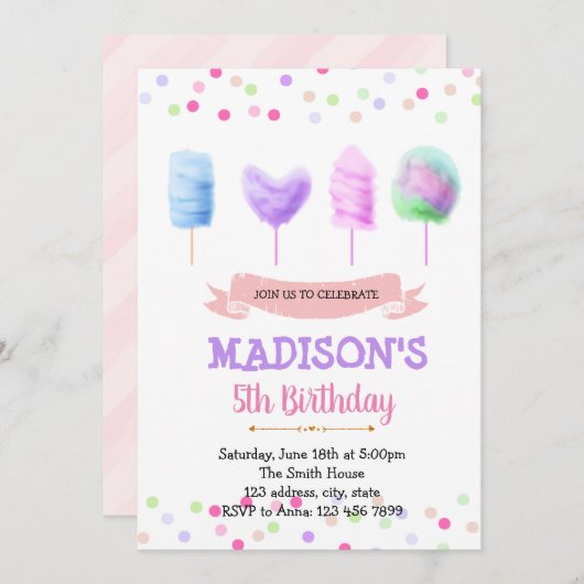 かわいい綿あめの誕生日招待状 招待状 (正面/裏面)