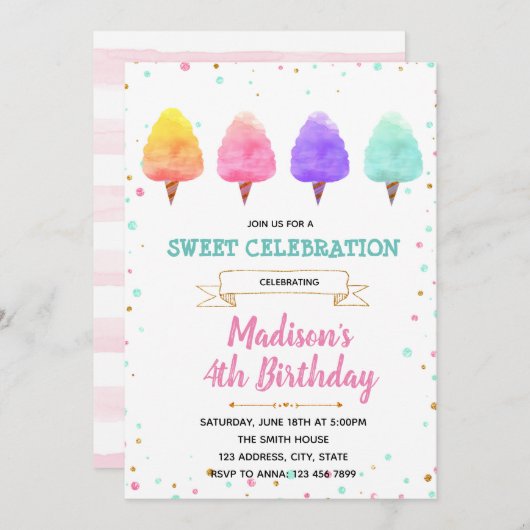 かわいい綿菓子のパーティの招待状 招待状 (正面/裏面)