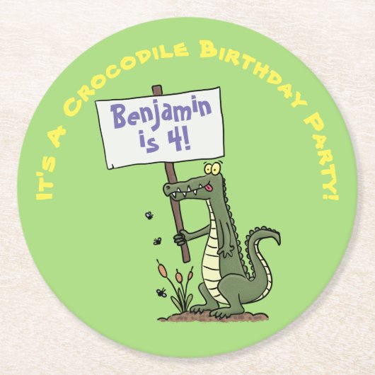 かわいい緑おもしろいのワニのユーモア漫画 ラウンドペーパーコースター (正面)