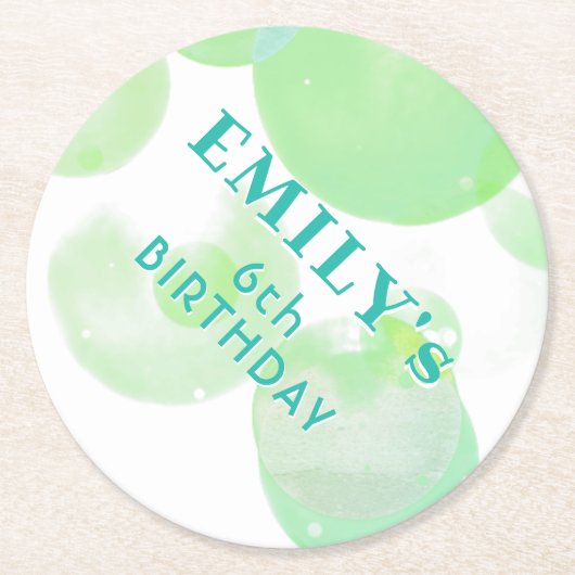 かわいい緑と青の泡の誕生日パーティー ラウンドペーパーコースター (正面)