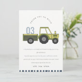 かわいい緑と青の農場トラクターの子供向け誕生日パーティーグッズ（全年齢対応） サンキューカード (スタンド正面)