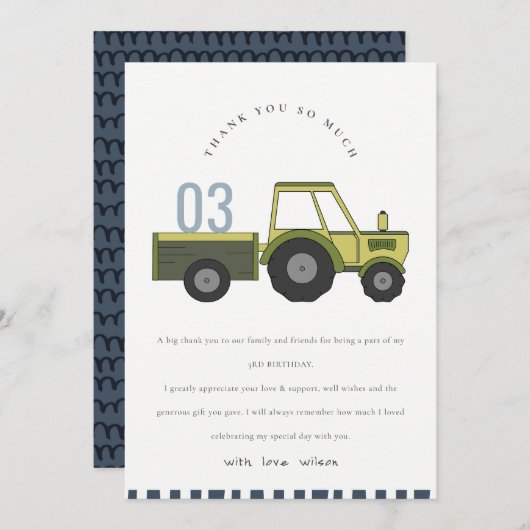 かわいい緑と青の農場トラクターの子供向け誕生日パーティーグッズ（全年齢対応） サンキューカード (正面/裏面)
