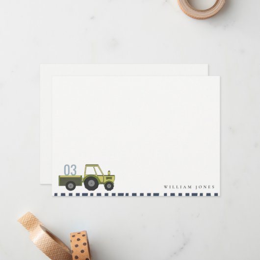 かわいい緑と青の農業トラクター 子供向け 誕生日 すべての年齢 ノートカード (正面/裏面インサイチュ)