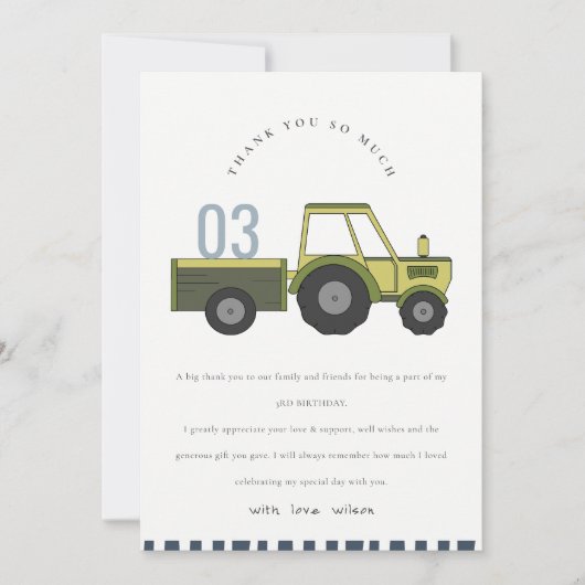 かわいい緑と青の農業トラクター 子供向け 誕生日 サンキューカード (正面)