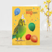 かわいい緑と黄色のセキセイインコの誕生日 カード (黄色い花)