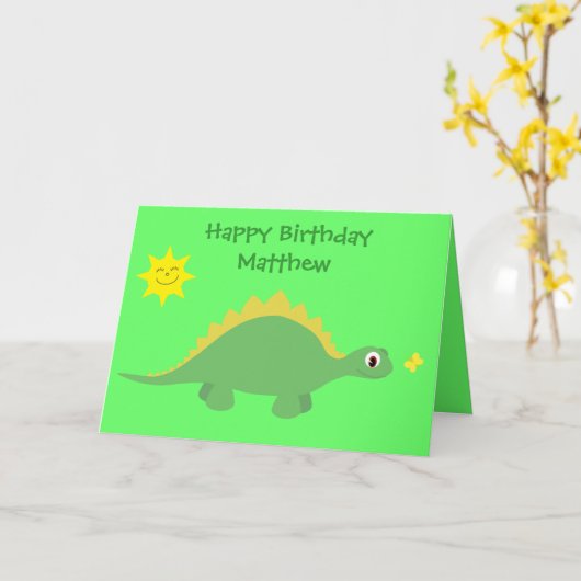 かわいい緑と黄色の恐竜誕生日カード カード (黄色い花)