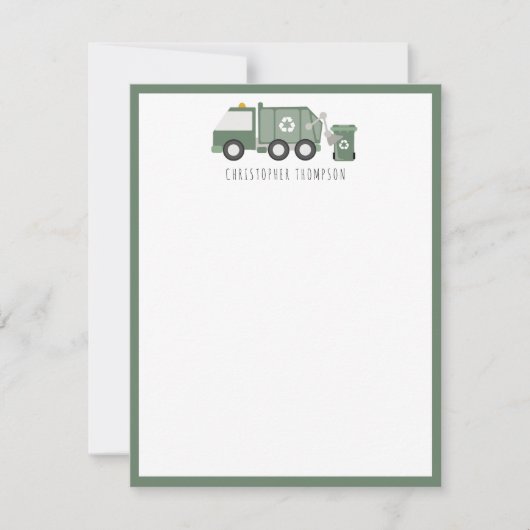 かわいい緑のごみ収集トラックの車両 子供の名前 ノートカード (正面)