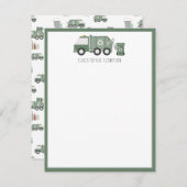 かわいい緑のごみ収集トラックの車両 子供の名前 ノートカード (正面/裏面)