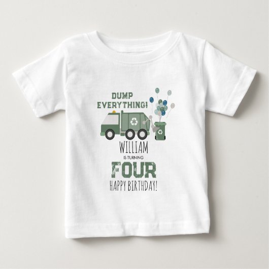 かわいい緑のごみ収集車 子供 名前 誕生日 ベビーTシャツ (正面)