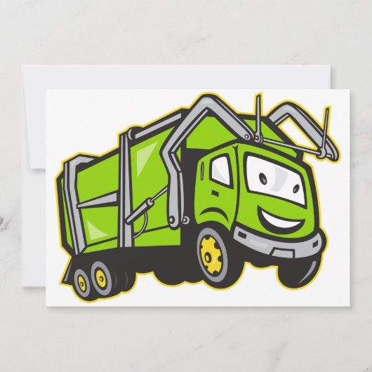 かわいい緑のごみ収集車 招待状 (正面)