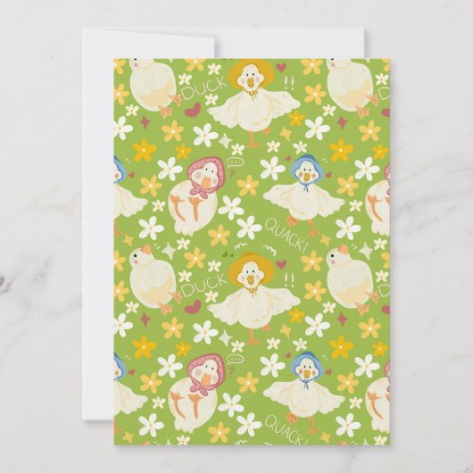 かわいい緑のアヒルとデイジーの花のシームレスパターン 招待状 (正面)