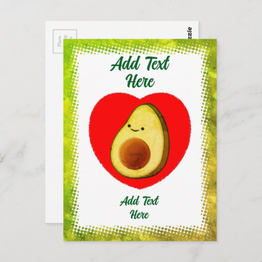 かわいい緑のアボカドの漫画赤いハートヴィンテージ ポストカード (正面/裏面)