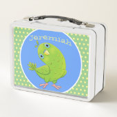 かわいい緑のインコ漫画イラストレーション メタルランチボックス (裏面)