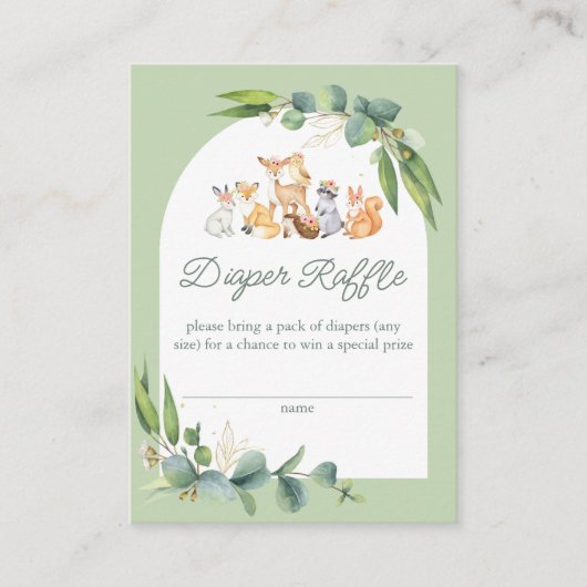 かわいい緑のウッドランド動物おむつラッフル エンクロージャーカード (正面)