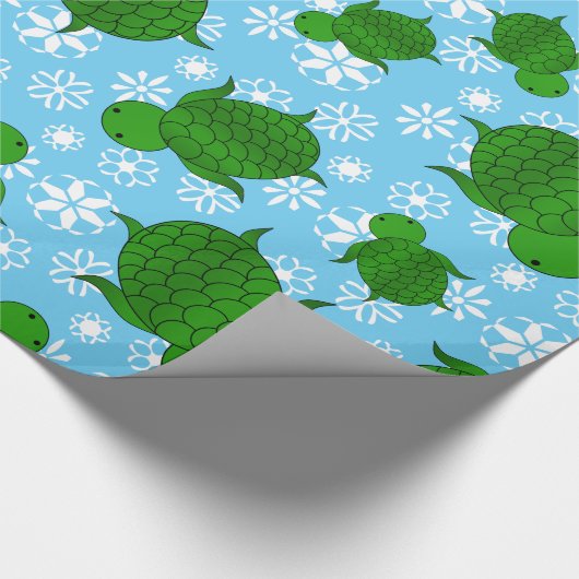 かわいい緑のウミガメのクリスマスの青の雪片 ラッピングペーパー (角)
