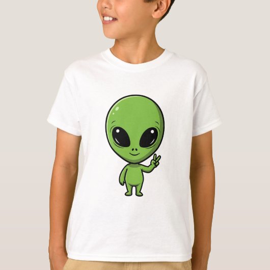 かわいい緑のエイリアンのピースサインの子供服 Tシャツ (正面)