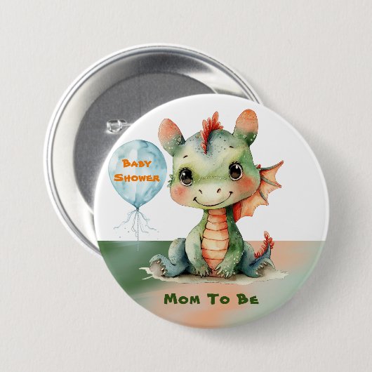 かわいい緑のオレンジ色のドラゴン男の子の赤ちゃんシャワーママになる 缶バッジ (正面&裏面)